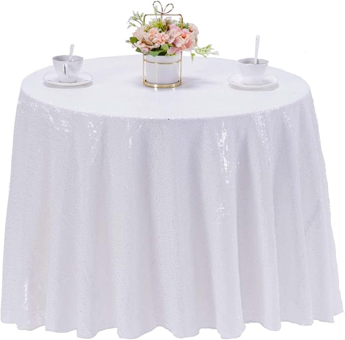 Sequin Tablecloth 132 inch Round Sparkly Table Cover Glitter Table Overlay for Party Dinner Festival Wedding Exhibition Dessert (White)