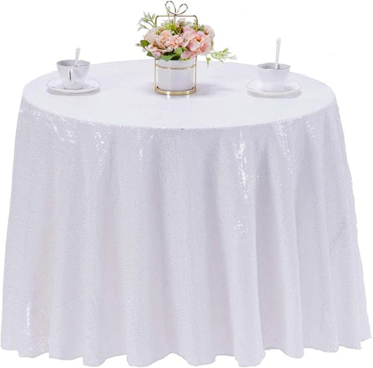 Sequin Tablecloth 132 inch Round Sparkly Table Cover Glitter Table Overlay for Party Dinner Festival Wedding Exhibition Dessert (White)