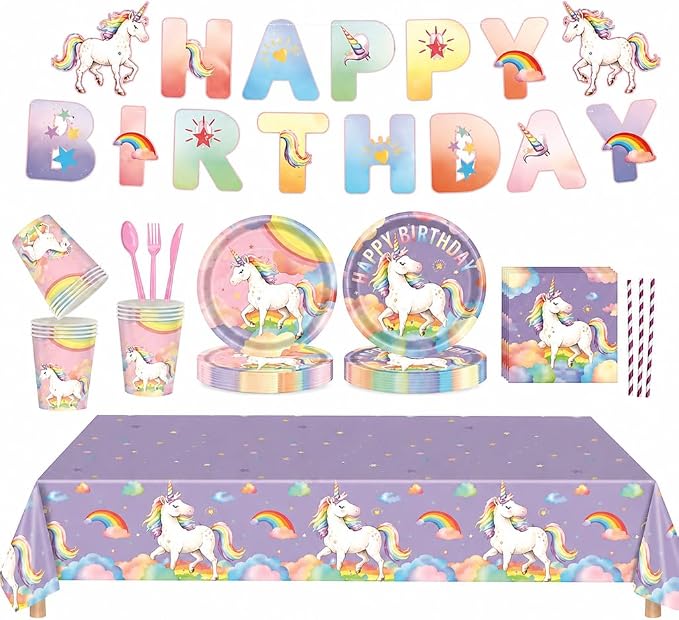 Unicorn Birthday Party Supplies, 146 PCS Rainbow Party Decorations Tableware Kit Serves 24 Guests with Plates, Cups, Napkins, Banner, Cutlery, Tablecloth & Straws for Kids Girls Boys