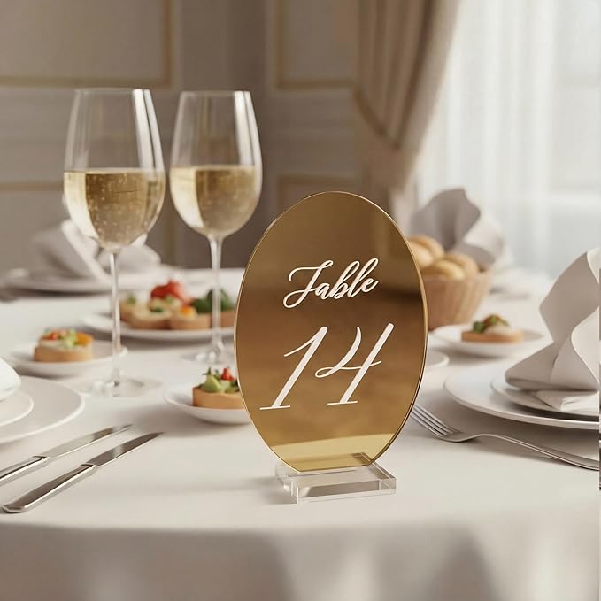 Novabright Oval Wedding Table Number Plates 1-15 with Transparent Stand - 5x7 Inch Acrylic Mirror Gold Table Number Signs Holders, Suitable for Wedding Receptions, Parties, Anniversaries and Events