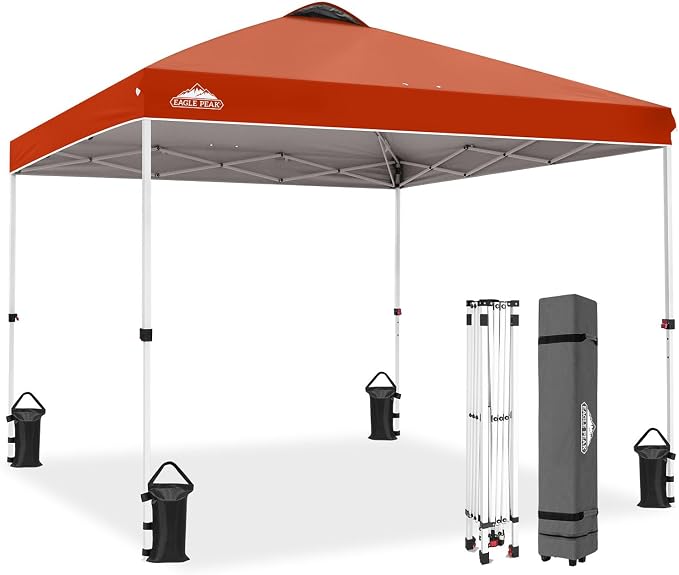 EAGLE PEAK Pop Up Canopy Tent with Wheeled Carry Bag, 8 Stakes, 4 Ropes, 4 Weight Bags, Easy Set Up Tent Canopy, 10x10 ft, 100sqft of Shade, Brick Red