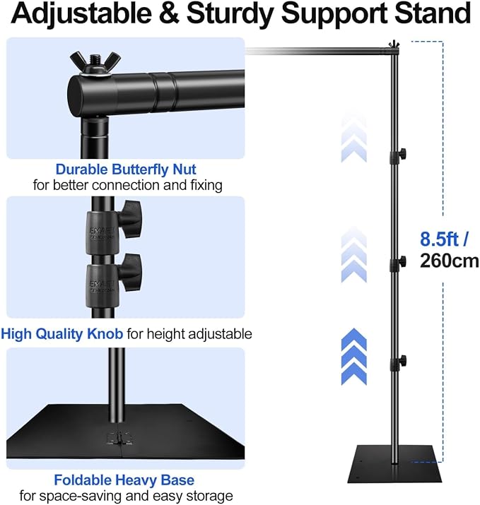 EMART Backdrop Stand, 10x10ft Width Adjustable Photography Background Support Poles with Heavy Duty Flat Base, Photo Metal Steel Pipe and Drape Frame Kit for Parties Birthday Wedding - Black