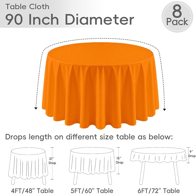 8 Pack Orange Round Tablecloth 90 Inch Orange Table Cloth for Round Tables,Washable Polyester Stain and Wrinkle Resistant Decorative for Wedding Party Dining Banquet