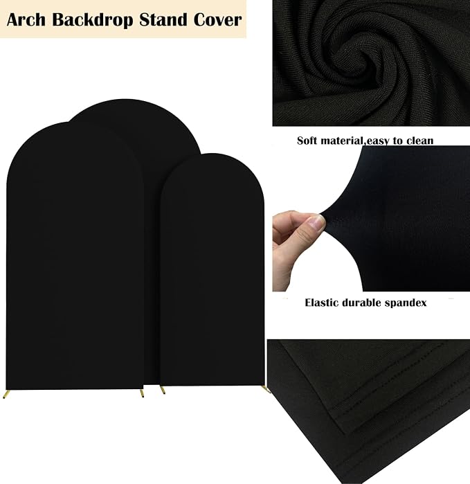 HAINARverS Set of 3 Wedding Arch Cover 6FT,6.6FT,7.2FT Spandex Fitted Stretchy Arch Stand Covers,2 Sided Round Top Chiara Backdrop Cover Banquet Baby Shower Arch Decoration(Black)