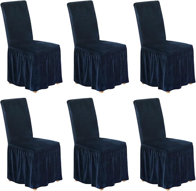 NICEEC Spandex Chair Covers for Dining Chairs Covers Set of 6 Removable Dining Room Chair Covers with Skirt Parson Chair Slipcovers Washable Chair Protector for Kitchen Wedding Party(Navy Blue)