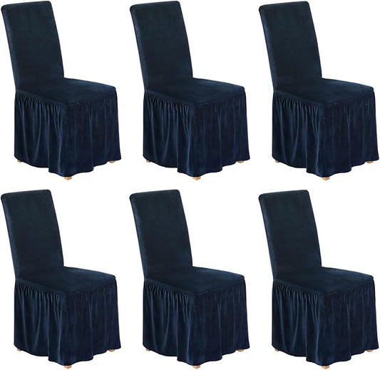 NICEEC Spandex Chair Covers for Dining Chairs Covers Set of 6 Removable Dining Room Chair Covers with Skirt Parson Chair Slipcovers Washable Chair Protector for Kitchen Wedding Party(Navy Blue)