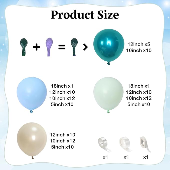 Teal Balloon Arch, Double Stuffed Chrome Teal Macaron Blue Green Balloon Garland, Pearl White Sand Metallic Turquoise Mint Green Balloons for Birthday Under The Sea Ocean Shark Beach Theme Party Decor