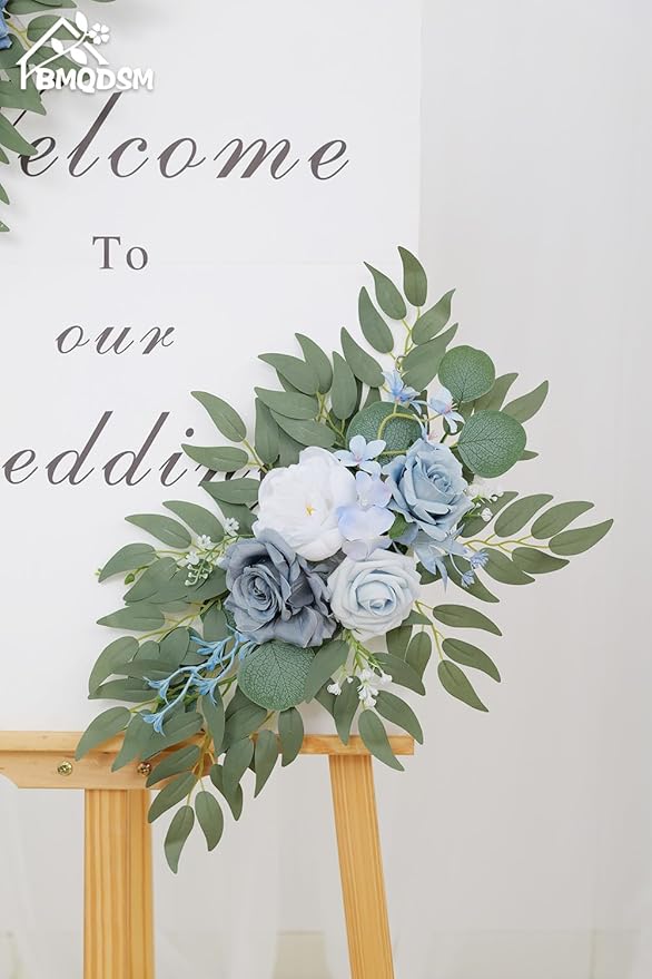 Wedding Welcome Signs Floral(Pack of 2)，Wedding Arch Flowers for Wedding Decorations and Reception Backdrop Decoration（New Blue）