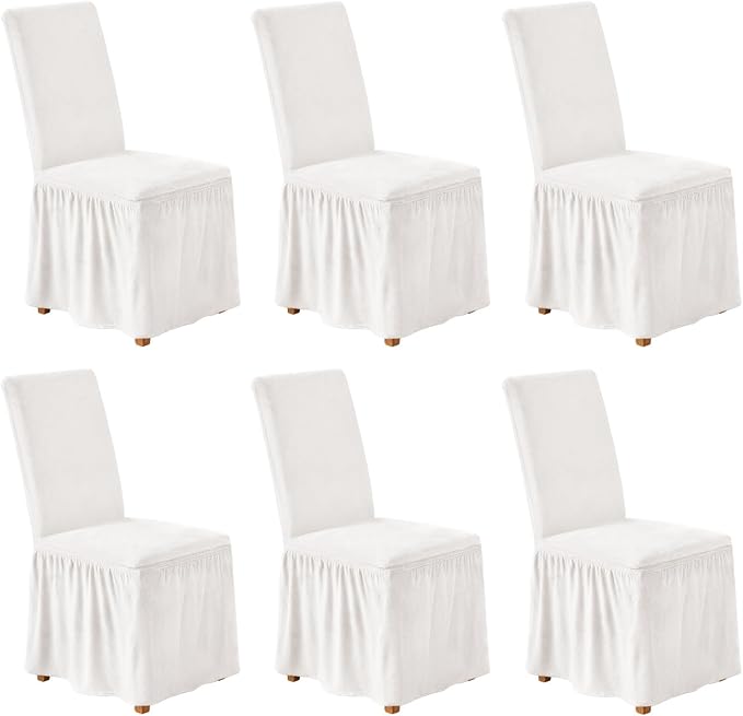 NICEEC Spandex Chair Covers for Dining Chairs Covers Set of 6 Removable Dining Room Chair Covers with Skirt Parson Chair Slipcovers Washable Chair Protector for Kitchen Wedding Party Banquet(White)