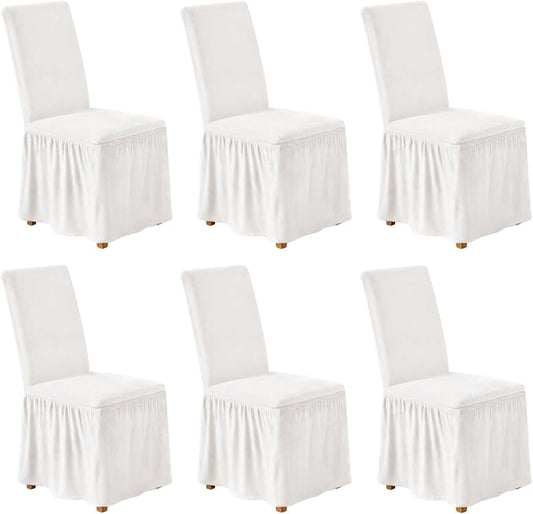 NICEEC Spandex Chair Covers for Dining Chairs Covers Set of 6 Removable Dining Room Chair Covers with Skirt Parson Chair Slipcovers Washable Chair Protector for Kitchen Wedding Party Banquet(White)