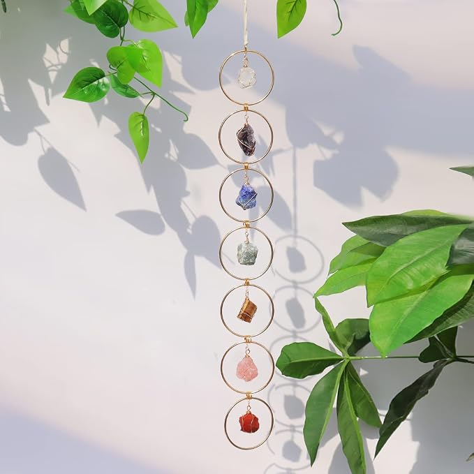 7 Chakra Crystal Hanging Ornament, Unique, Spiritual Boho Wall Decor, Raw Chakra Stones Amethyst Suncatcher, Rose Quartz Healing Crystal (Gold)