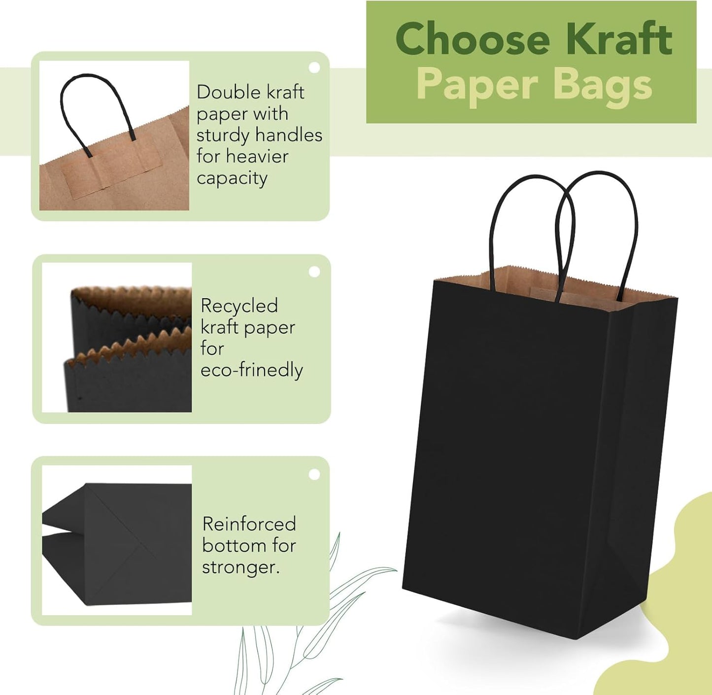 MESHA Kraft Gift Bags 200 Pack 5.25x3.75x8 Inch Small Black Paper Bags with Handles Bulk for Small Business,Birthday,Party,Wedding,Retial,Shopping Bag