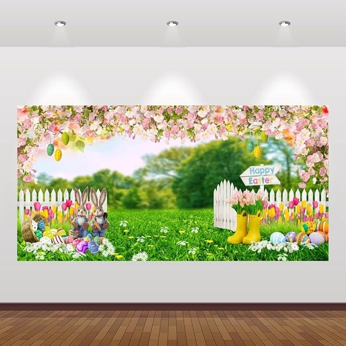 Easter Photo Backdrop 20x10ft Spring Garden Bunny Eggs Floral Green Grass Fence Easter Photography Backdrops for Happy Easter Party Decorations Banner Photo Booth Studio Props