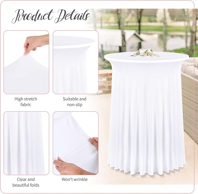 10 Packs 32"x 43" Round Cocktail Table Skirt, Spandex Fitted High Top Table Skirt, Spandex Stretch Cocktail Tablecloth for Wedding Party Bar Banquet Birthday Tables(White)