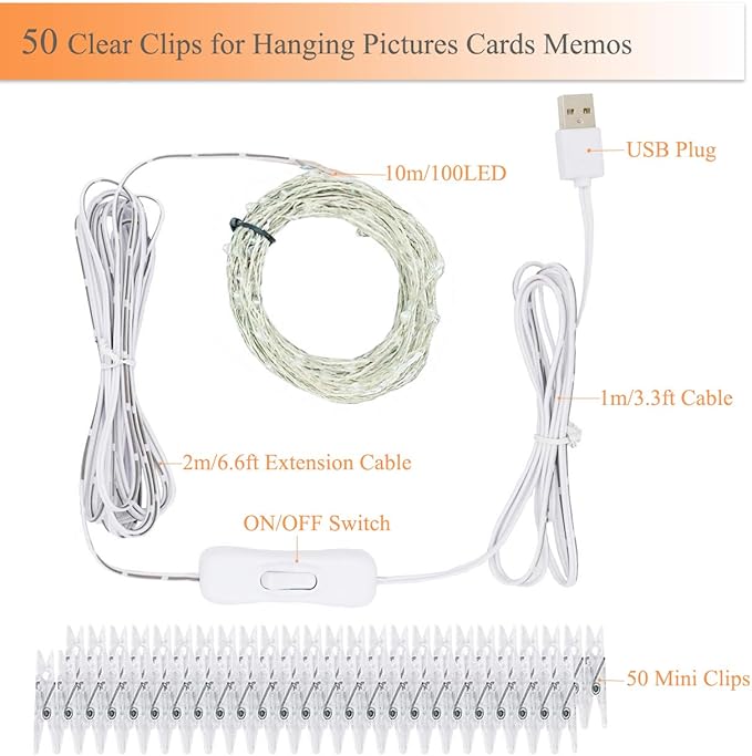 Decute 100 LED 50 Photo Clips String Lights Holder 33FT Starry Fairy Lights for Hanging Pictures Cards Memos USB Powered with Switch Perfect for Bedroom Wedding Dorm Christmas Decor (Cool White)