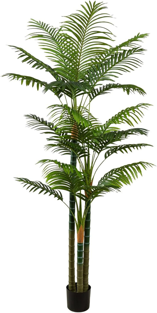 7FT Tall Golden Cane Artificial Palm Tree, Large Faux Palm Tree with 3 Textured Trunks, Outdoor Artificial Plants, Fake Tree for Indoor Office Living Room Outside Patio.