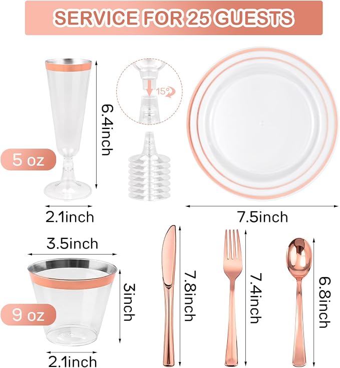 150PCS Rose Gold Plastic Plates Set for 25 Guests, 7.5" Small Disposable Dessert Plates with 9oz Cups,5oz Champagne Flutes & Spoons, Forks & Knives for Birthday, Wedding & Elegant Party Supplies
