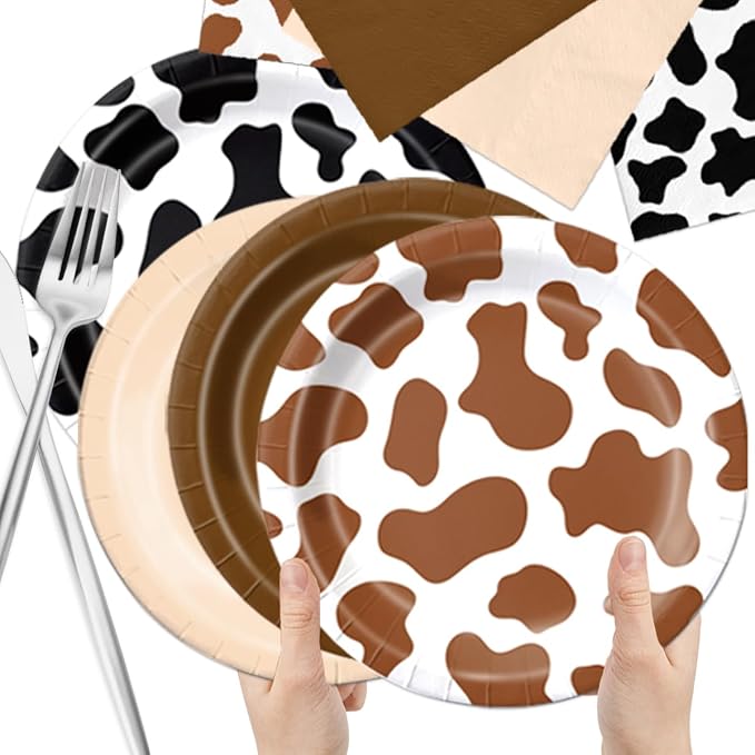 CMUSKO Cowboy Party Decoration - 60Pcs Brown Cow Print Plates & Napkins Set Farmhouse Western Party Supplies for Baby Shower,Birthday