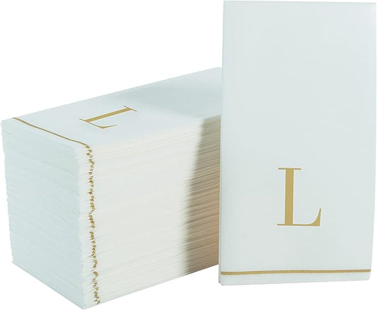 Luxe Party 112 Pack Monogram Napkins | Letter L Initial | Disposable | Premium Airlaid | Linen Feel | Decorative Table Setting | Guest Towel Napkin | White and Gold