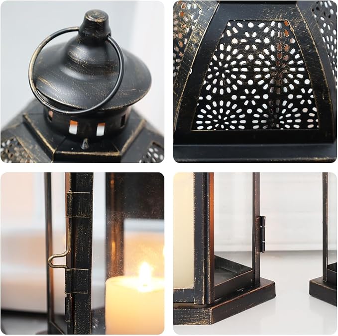 Large Lantern Decorative Outdoor & Indoor, Set of 2 (15’’&11’’) Metal Candle Lanterns Decor, Vintage Hanging Candle Holder for Front Porch Patio Wedding Farmhouse Home, Spring Decoration
