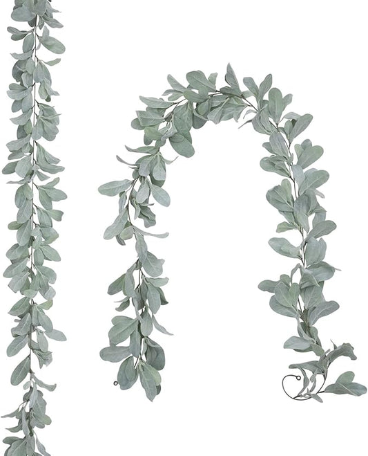 SHACOS 2 Pack 12 Ft Artificial Flocked Lambs Ear Garland Green Leaves Vines Faux Lambs Ear for Mantle Wedding Home Party Decor DIY Floral