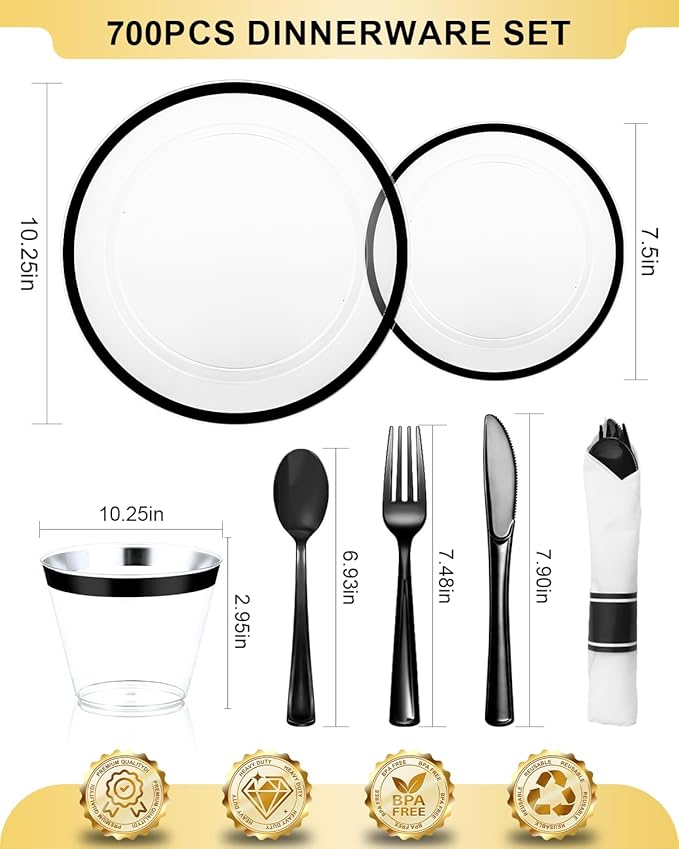 BESTVIP 700Pcs Clear Black Plastic Plates for Party,Disposable Dinnerware Set for 100 Guests, 200 Plastic Plates,100 Cups,100 Pre-Rolled Napkins with Cutlery for Graduation Party, Wedding, Halloween