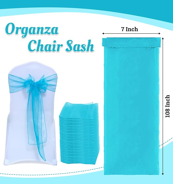 MDS® Pack of 10 Organza Chair Sashes for Wedding Decoration, Reusable Sheer Chair Bows for Banquet Chair Cover, Reception, Bridal Shower, Baby Shower, Birthday Party & Special Events - Light Teal