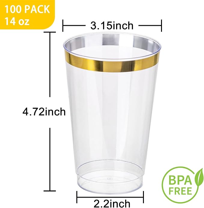 I00000 100 Pack 14 oz Gold Plastic Cups, Gold Disposable Cups Tumblers, Disposable Plastic Wine Glasses Cocktail Glasses Perfect for Party & Wedding