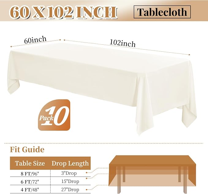 fani 10 Pack 60 x 102 Inch Tablecloth, Ivory Tablecloth for 6 Feet Rectangle Tables, Stain and Wrinkle Resistant Washable Fabric Table Cloth for Wedding Party Dining Table Buffet Parties Camping