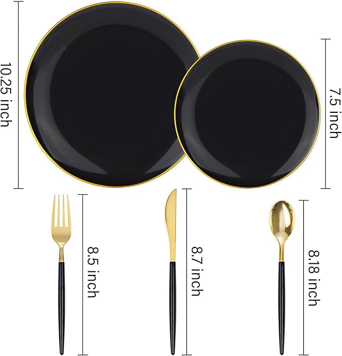 DaYammi 150Pcs Black Plastic Plates with Gold Silverware,Black Disposable Plates Set Included 30 Dinner Plate,30 Dessert plate,30 Knives,30 Forks,30 Spoons,black and gold plates for Party Wedding