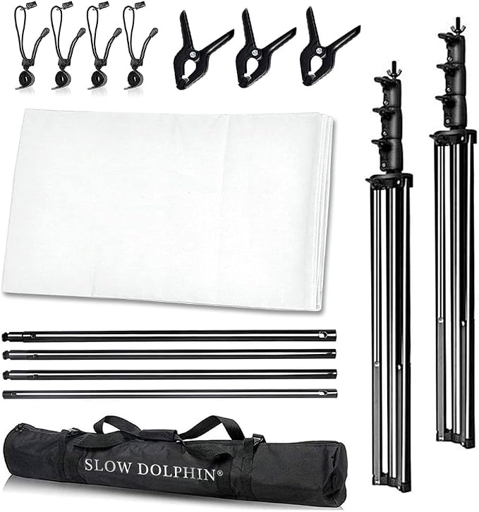 SLOW DOLPHIN Photo Video Studio 10 x12ft 100% Cotton White Muslin Backdrop with 10 x 10ft Stand Photography Background Support System Kit Clamp, Clips,Carry Bag