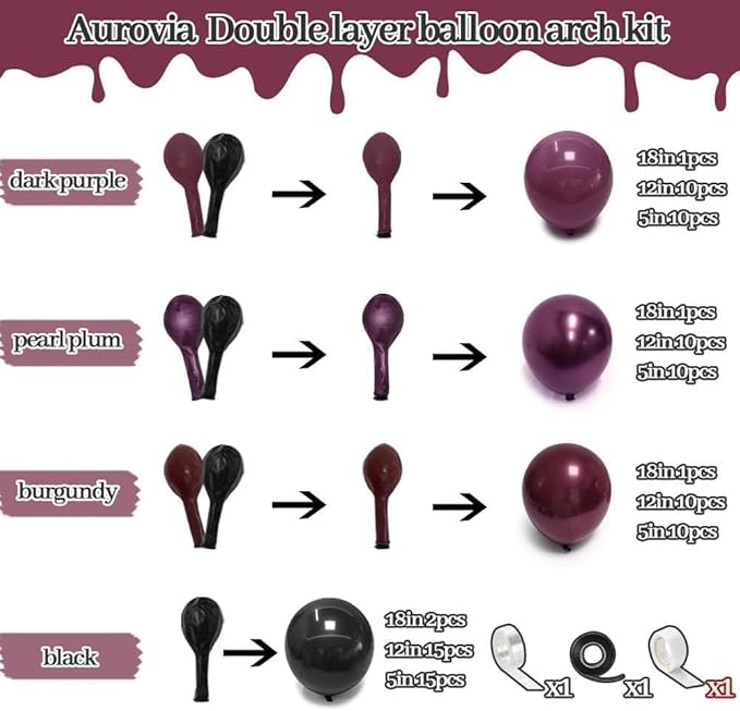 Dark Purple Black Balloons Garland Double Stuffed Black Burgundy Plum Balloon Arch Kit for Gothic Birthday Bridal Shower Mother's Day Graduation Party Decorations