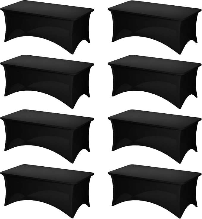 Fixwal Black Stretch Table Cloth Rectangle 8 Pack 6Ft, Spandex Fitted Table Covers Washable for Party, Trade Show, Banquet, Wedding, Buffet