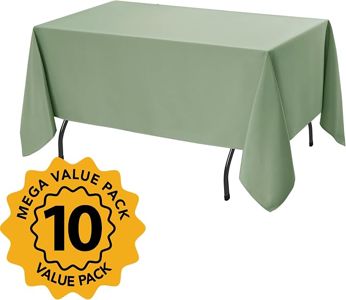 10-Pack Sage Green Tablecloths for Rectangle Tables, 70 x 120 Inches, Stain-Resistant Polyester Fabric for 6 Foot Tables - Washable Table Covers for Weddings, Birthday Parties, Events