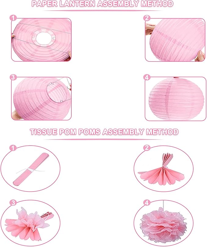 Celehappy Pink Paper Lanterns - Party Decorations Tissue Pom Poms for Weddings Birthdays - 18pcs Hanging Lanterns - Pink/White/Rose