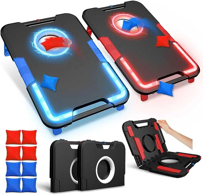 LED Cornhole Board Set, Light-Up and Travel Cornhole Boards Games Set, Corn Holes Outdoor Game, Corn Hole Game Set w/ 2 Boards, 8 Beans Bags for Backyard, Beach, Lawn (Black)