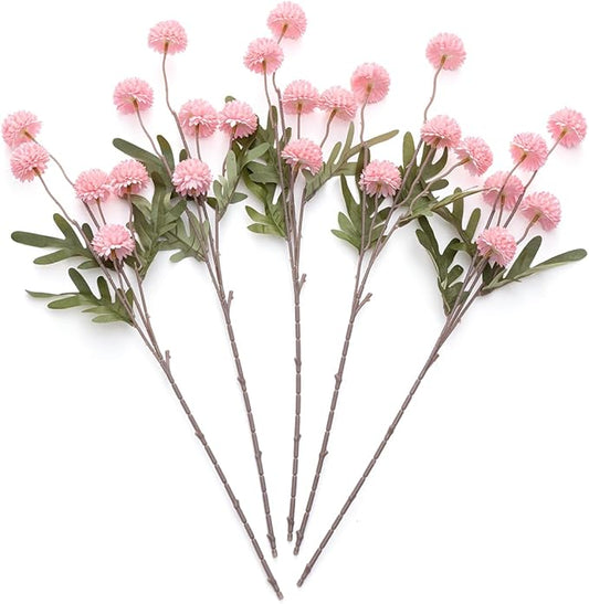 Laelfe 5Pcs Artificial Pompon Mum, Fake Kiku Flowers Silk Small Mini Chrysanthemum Ball Faux Mum Decor for Autumn Filler DIY Bouquet Centerpieces Arrangements Shower (Pink)