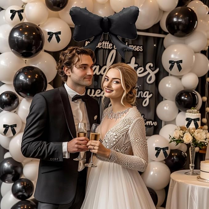 Black Bow Birthday Party Decorations 122pcs black Ivory White Double Stuffed Pearl White Balloons with Bow Foil Balloons for Girl Coquette Birthday Wedding Bridal Party Decorations