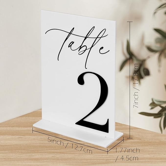 Acrylic Wedding Table Numbers 1-20 with Stands, 5"x7" White Acrylic Signs with 3D Black Numbers, White and Black Table Numbers for Wedding Reception, Anniversary, Event