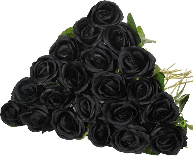 Hotop 20 Pcs Artificial Rose Flowers with Long Stem, Real Lifelike Silk Realistic Plastic Bouquet Roses Bulk for Home Decor Bridal Wedding Party Table Centerpieces Decorations(Black)