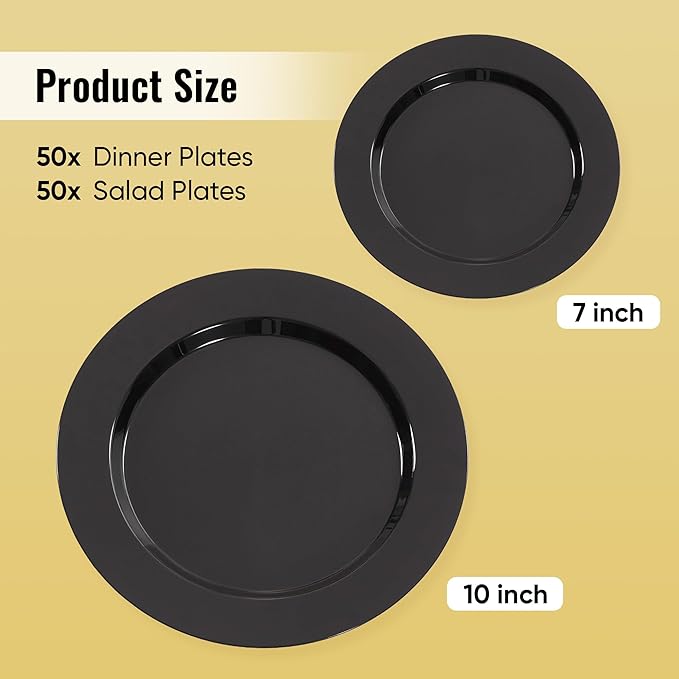 Fijinhom 100PCS Black Disposable Plates for 50 Guests Including 50PCS 10" Dinner Plates & 50PCS 7" Dessert Plates, Black