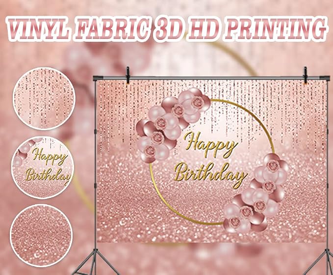 Pink Rose Gold Happy Birthday Backdrop Glitter Rose Gold Floral Balloon Bokeh Photography Background Girls Lady Sweet 16th 21th 30th Birthday Party Cake Table Photo Props 7x5FT