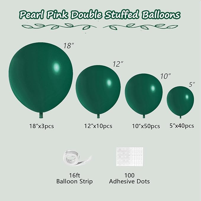 108Pcs Dark Green Double Stuffed Balloons Different Size, 18/12/10/5 inch Emerald Green Balloons Garland Arch kit for Graduation Anniversary Birthday Baby Shower Party Decoration