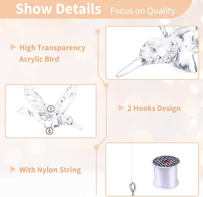 NUPTIO Crystal Ceiling Hanging Ornaments, Acrylic Flying Birds, 100 Pcs | Clear Hummingbird Decor with Transparent Line for Christmas Tree, Wedding, Party, Window, Birthday, Bedroom, DIY Gifts