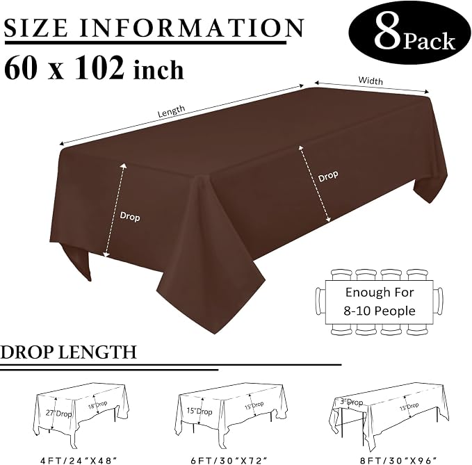 8 Packs Brown Tablecloth Rectangle 60x102 Inch Rectangular Table Cloth for 6 Foot Rectangle Table, Wrinkle Resistant Polyester Fabric Tablecloth Washable Table Cover for Wedding Party Buffet