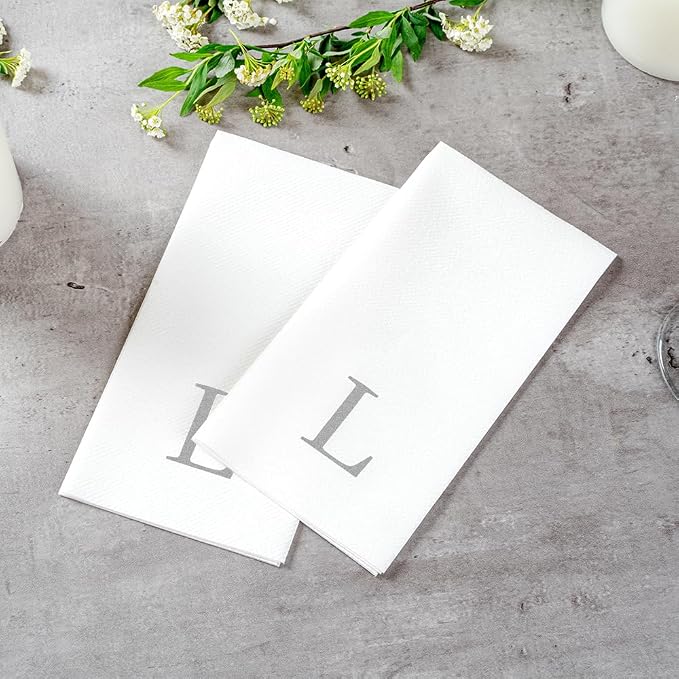 Luxenap 15.8 X 7.9 Inch Linen-Feel Guest Towels, 50 Lettered Hand Towels - Silver Letter 'L', Sans Serif Font, White Paper Dinner Napkins, airlaid, For Restrooms And Tables - Restaurantware