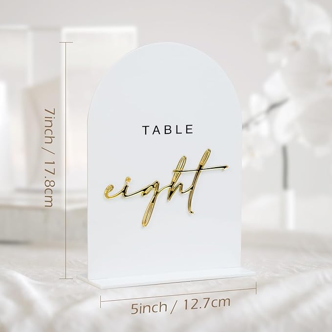 White Arched Wedding Table Numbers 1-15 with Stands, 5x7 Inch White Acrylic Arch Sign with Gold Numbers, Arch Acrylic Table Numbers for Wedding Reception
