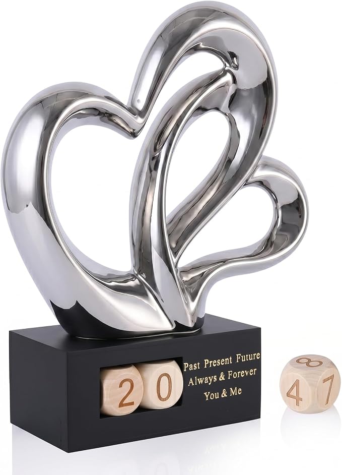 Ceramic Heart Sculpture with Date Blocks, Silver Hearts Statue for Home Decor, Romantic Valentines Day & Wedding for Couple, Shelf Mantel Tabletop Display (Silver)
