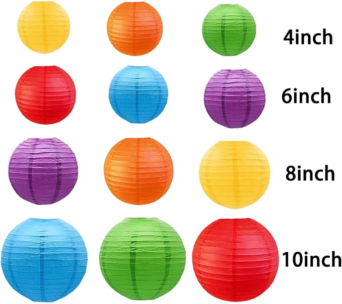 Colourful Paper Lanterns,12pcs Rainbow Hanging Round Paper Lamps for Classroom,Birthday,Baby Shower,Wedding,Party and Ceiling Decoration