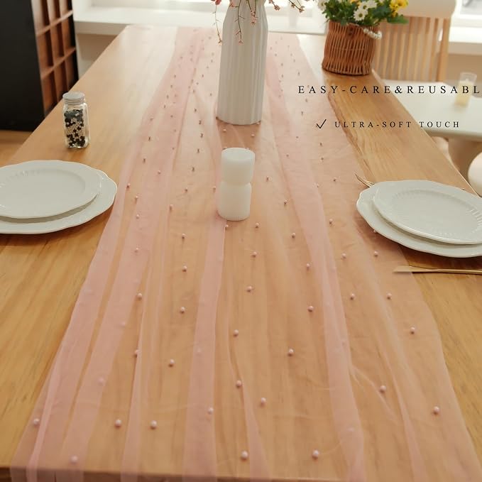 Set of 1 Pearl Table Runner 10ft, 29 * 120 Inch Dusty Pink Table Cloth Pearl Sheer Tulle Table Cover,Pearl Table Runner for Wedding Party Baby Shower Birthday Home Decor